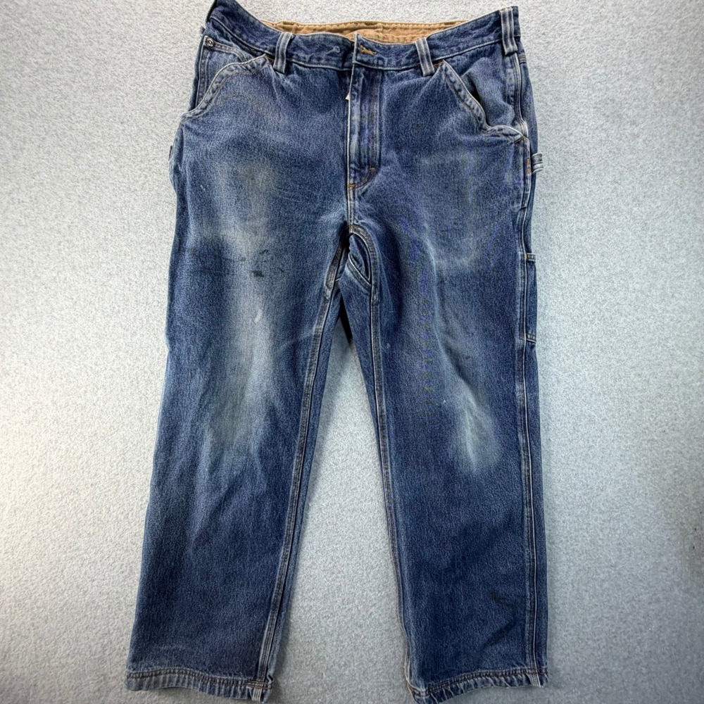 Duluth Trading Co Mens Blue Carpenter Workwear Jeans Distressed 35x28